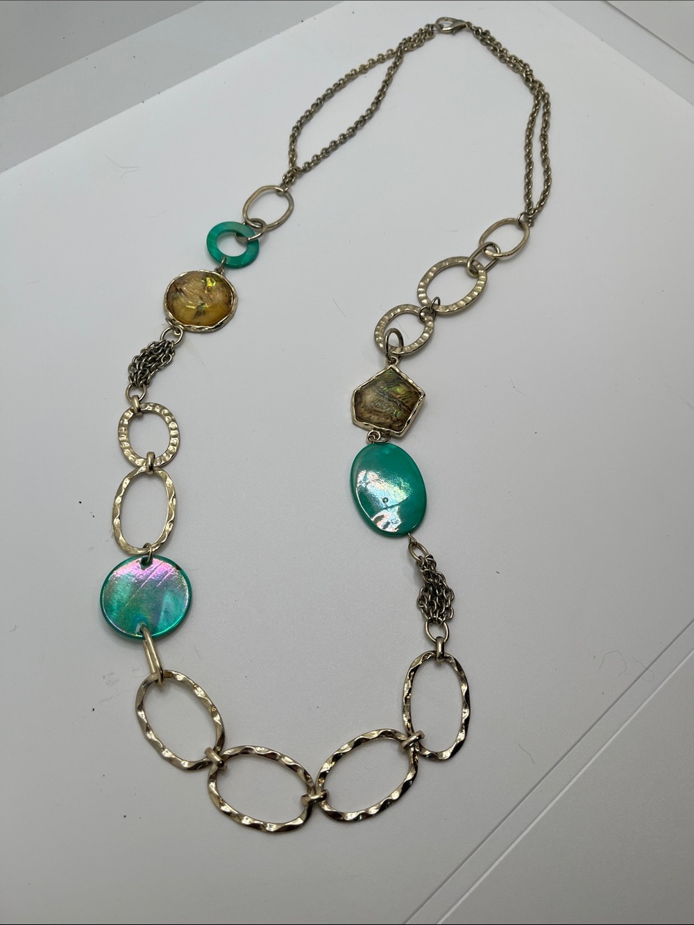 Gold Link Necklace with Green Shell Accents
